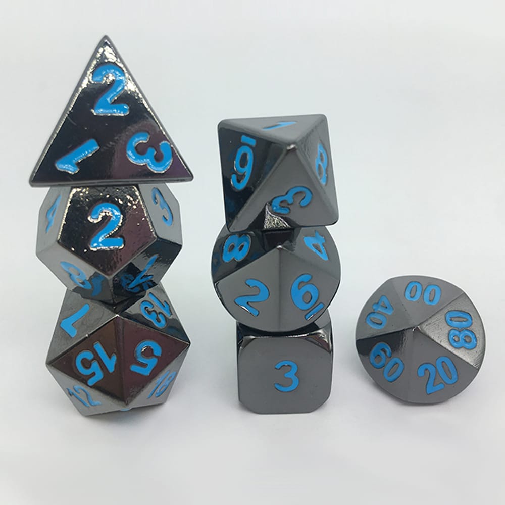 Solid Metal RPG Dice-Black Nickel/Blue