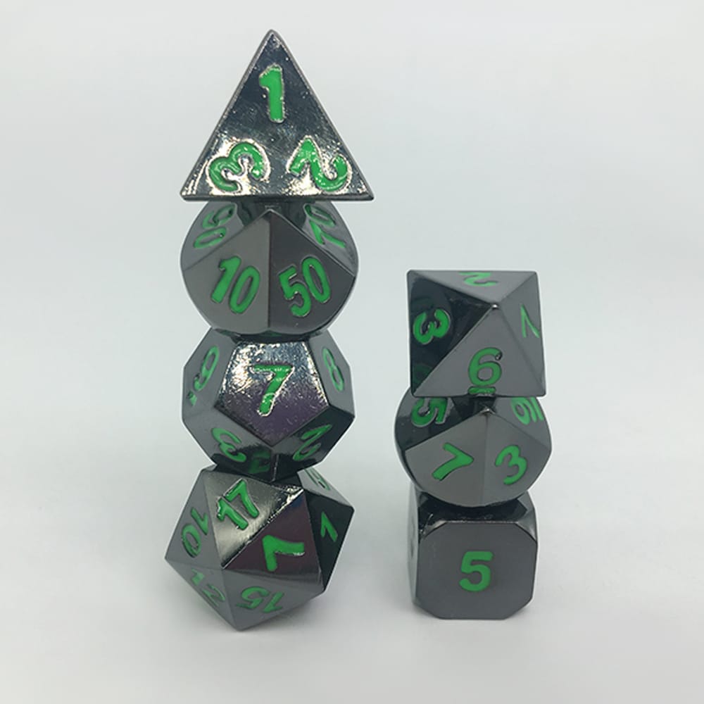 Solid Metal RPG Dice-Black Nickel/Green 1