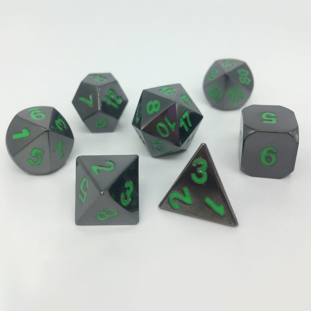 Solid Metal RPG Dice-Black Nickel/Green 2