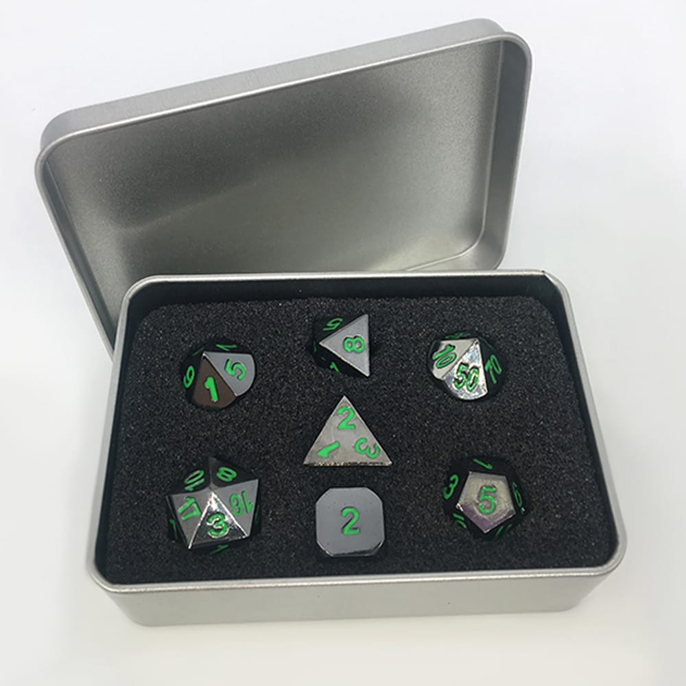 Solid Metal RPG Dice-Black Nickel/Green 3