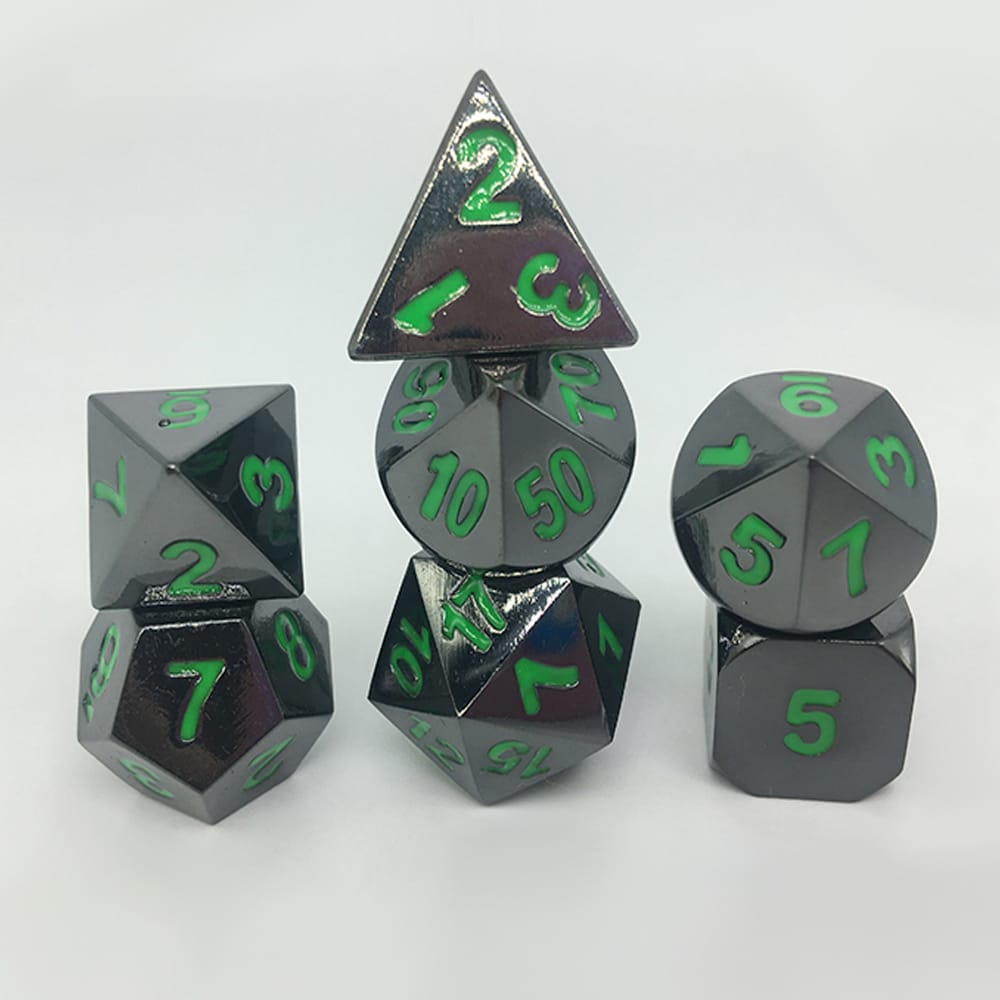 Solid Metal RPG Dice-Black Nickel/Green