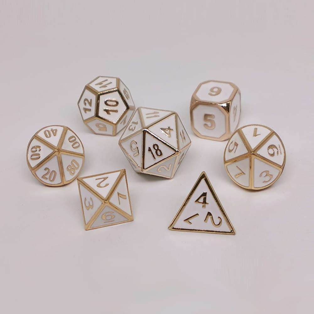 Solid Metal RPG Dice-Colors White/Gold 2