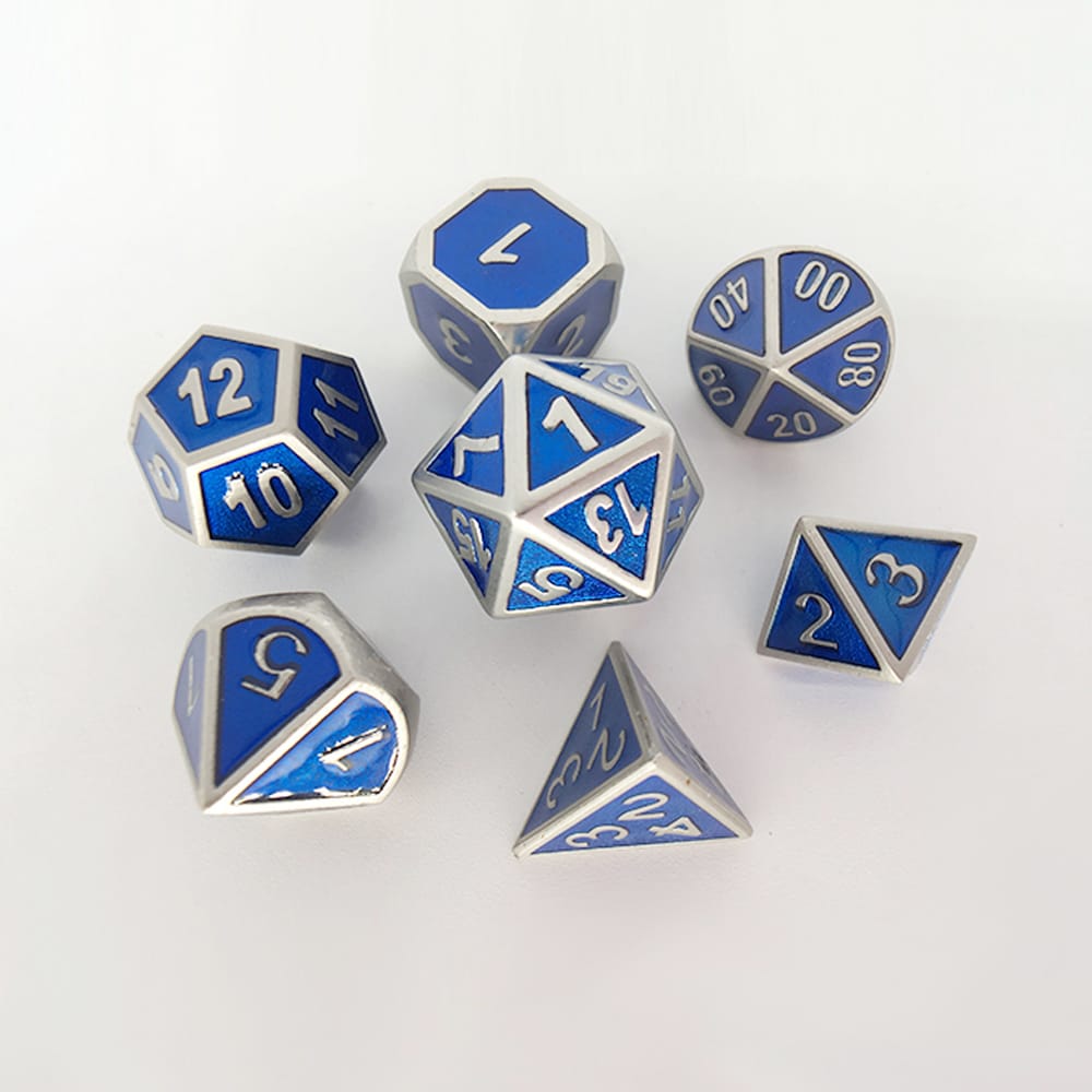 Solid Metal RPG Dice-Colors Blue/Silver 2