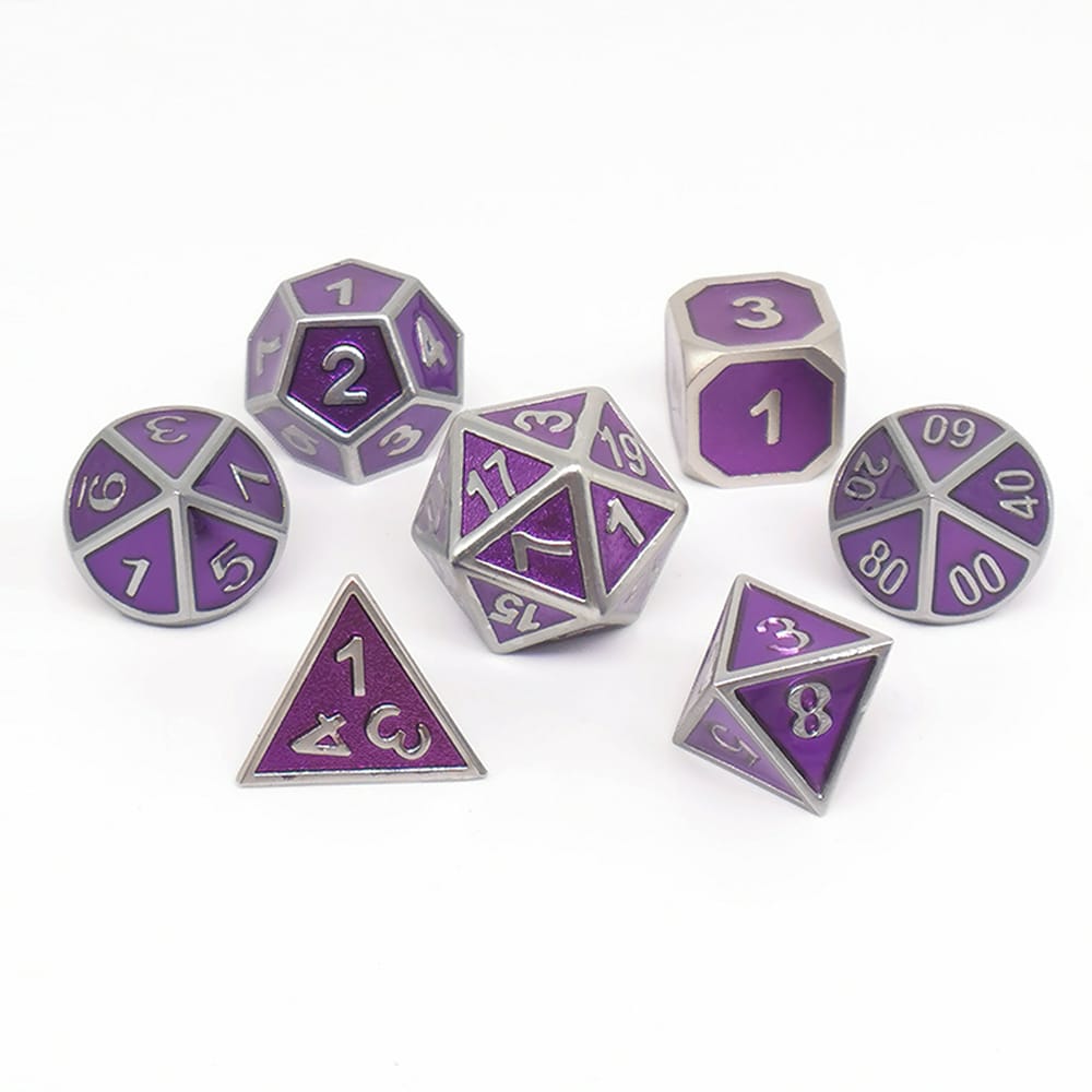 Solid Metal RPG Dice-Colors Purple/Silver 2