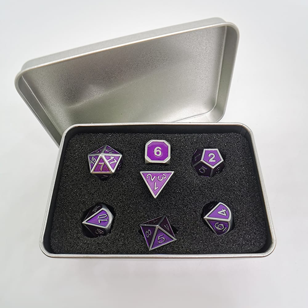 Solid Metal RPG Dice-Colors Purple/Silver 3